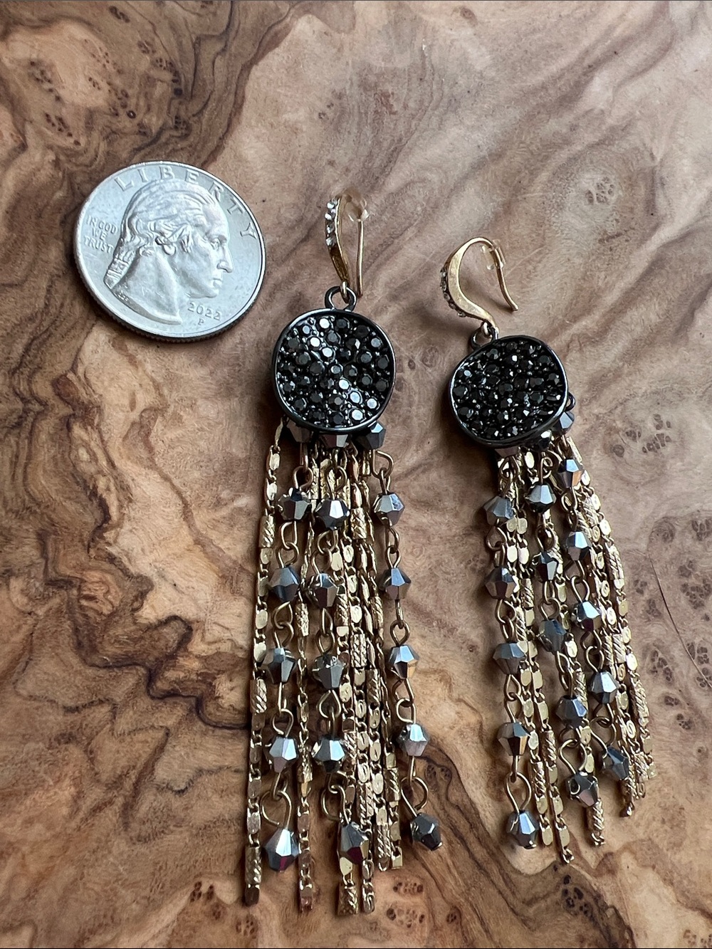 Black Crystal Round Top Gold-Tone Tassel Drop Earrings - Picture 2 of 6
